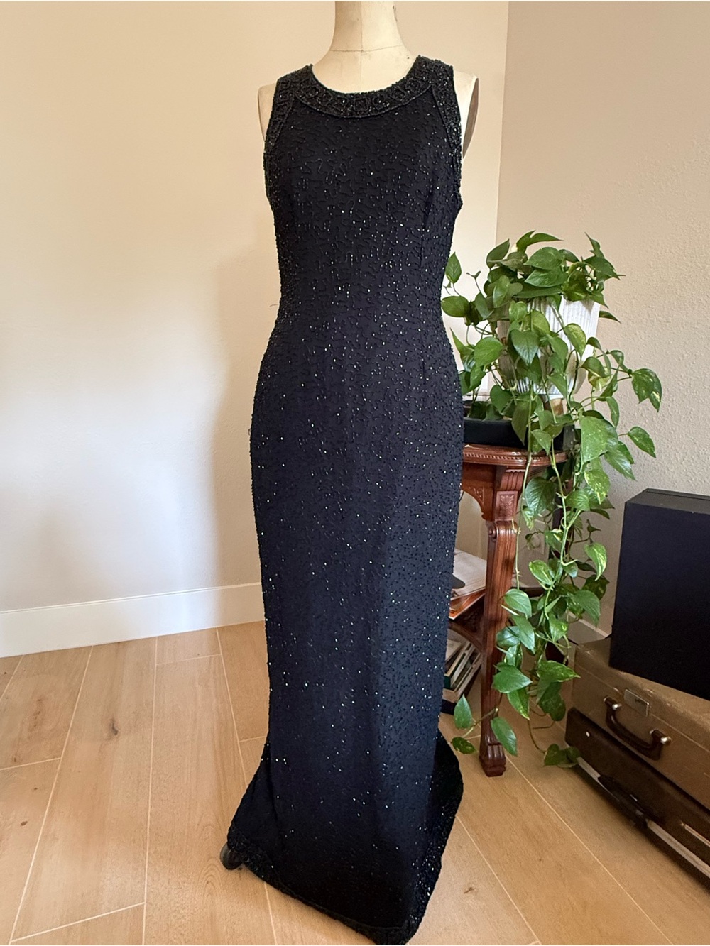 Laurence Kazar Black Silk Beaded Sleeveless Maxi Evening Gown